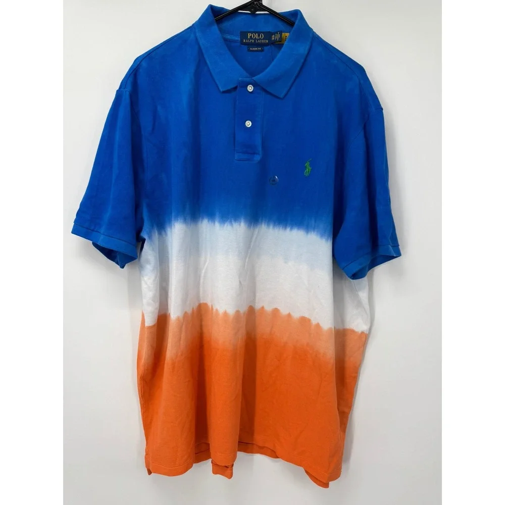 Polo Ralph Lauren Polo Shirt Men's Classic Fit Size XXL Blue Tie‎ Dye Green Logo